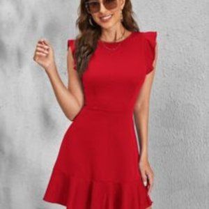 Solid ruffle trim A-line dresd